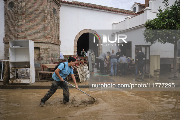 Heavy rains cause the Benamargosa River to overflow, leading to flooding in several areas of the town in Benamargosa, Malaga, Andalucia, on...