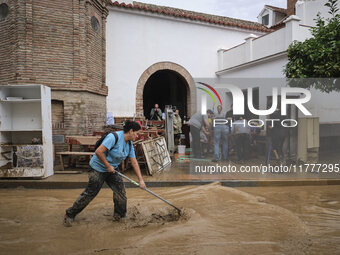 Heavy rains cause the Benamargosa River to overflow, leading to flooding in several areas of the town in Benamargosa, Malaga, Andalucia, on...