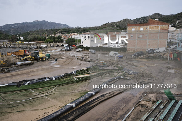 Heavy rains cause the Benamargosa River to overflow, leading to flooding in several areas of the town in Benamargosa, Malaga, Andalucia, on...