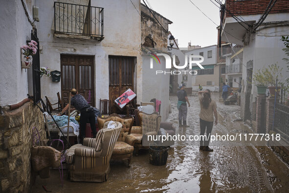 Heavy rains cause the Benamargosa River to overflow, leading to flooding in several areas of the town in Benamargosa, Malaga, Andalucia, on...