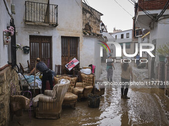 Heavy rains cause the Benamargosa River to overflow, leading to flooding in several areas of the town in Benamargosa, Malaga, Andalucia, on...