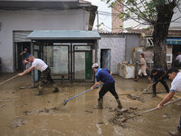 Heavy rains cause the Benamargosa River to overflow, leading to flooding in several areas of the town in Benamargosa, Malaga, Andalucia, on...