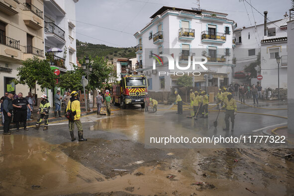 Heavy rains cause the Benamargosa River to overflow, leading to flooding in several areas of the town in Benamargosa, Malaga, Andalucia, on...