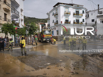 Heavy rains cause the Benamargosa River to overflow, leading to flooding in several areas of the town in Benamargosa, Malaga, Andalucia, on...