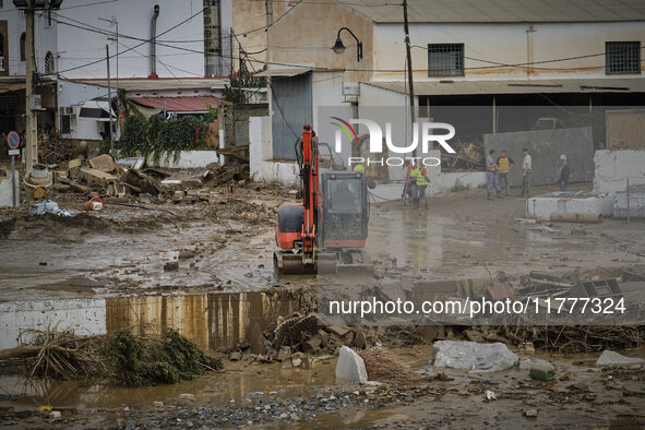 Heavy rains cause the Benamargosa River to overflow, leading to flooding in several areas of the town in Benamargosa, Malaga, Andalucia, on...