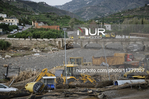 Heavy rains cause the Benamargosa River to overflow, leading to flooding in several areas of the town in Benamargosa, Malaga, Andalucia, on...