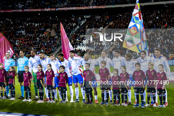 The Italy team lines up during the match between Belgium and Italy at the King Baudouin Stadium for the UEFA Nations League - League A - Gro...