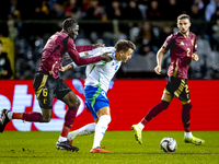 Belgium midfielder Amadou Onana and Italy forward Mateo Retegui play during the match between Belgium and Italy at the King Baudouin Stadium...