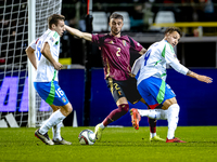 Belgium defender Zeno Debast and Italy forward Mateo Retegui play during the match between Belgium and Italy at the King Baudouin Stadium fo...