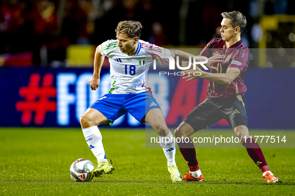 Italy midfielder Nicolo Barella and Belgium midfielder Leandro Trossard play during the match between Belgium and Italy at the King Baudouin...