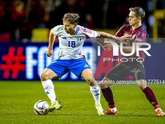 Italy midfielder Nicolo Barella and Belgium midfielder Leandro Trossard play during the match between Belgium and Italy at the King Baudouin...