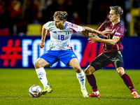 Italy midfielder Nicolo Barella and Belgium midfielder Leandro Trossard play during the match between Belgium and Italy at the King Baudouin...