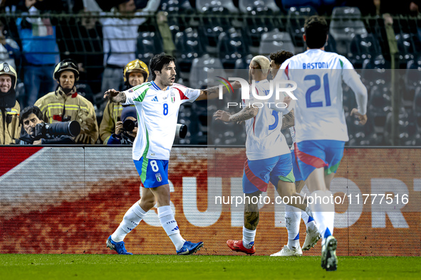 Italy midfielder Sandro Tonali scores the 0-1 and celebrates the goal during the match between Belgium and Italy at the King Baudouin Stadiu...