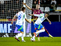 Belgium defender Zeno Debast and Italy forward Mateo Retegui play during the match between Belgium and Italy at the King Baudouin Stadium fo...