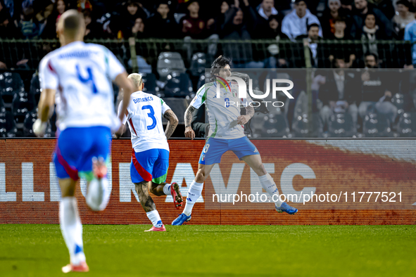 Italy midfielder Sandro Tonali scores the 0-1 and celebrates the goal during the match between Belgium and Italy at the King Baudouin Stadiu...