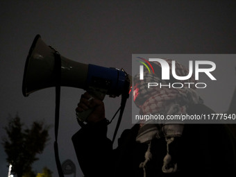 Demonstrators take part in a pro-Palestinian rally on the Place Du Front Populaire in Paris, France, on November 14, 2024, right before the...