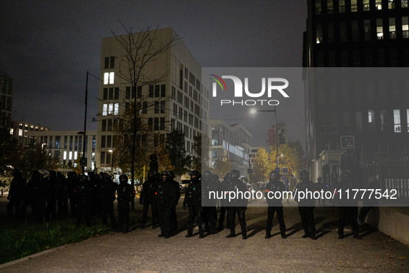 Demonstrators take part in a pro-Palestinian rally on the Place Du Front Populaire in Paris, France, on November 14, 2024, right before the...