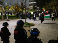 Demonstrators take part in a pro-Palestinian rally on the Place Du Front Populaire in Paris, France, on November 14, 2024, right before the...