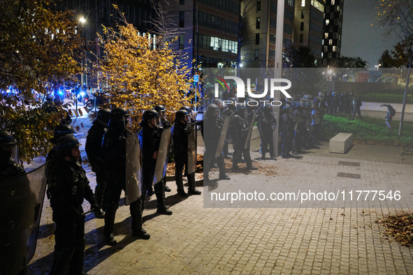 Demonstrators take part in a pro-Palestinian rally on the Place Du Front Populaire in Paris, France, on November 14, 2024, right before the...