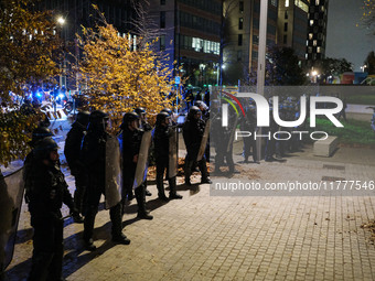 Demonstrators take part in a pro-Palestinian rally on the Place Du Front Populaire in Paris, France, on November 14, 2024, right before the...