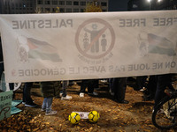 Demonstrators take part in a pro-Palestinian rally on the Place Du Front Populaire in Paris, France, on November 14, 2024, right before the...