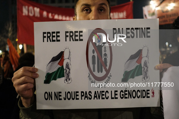 Demonstrators take part in a pro-Palestinian rally on the Place Du Front Populaire in Paris, France, on November 14, 2024, right before the...