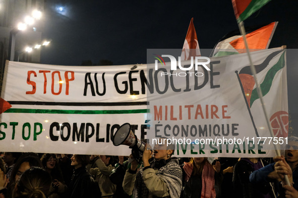 Demonstrators take part in a pro-Palestinian rally on the Place Du Front Populaire in Paris, France, on November 14, 2024, right before the...