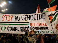 Demonstrators take part in a pro-Palestinian rally on the Place Du Front Populaire in Paris, France, on November 14, 2024, right before the...