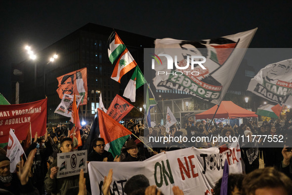 Demonstrators take part in a pro-Palestinian rally on the Place Du Front Populaire in Paris, France, on November 14, 2024, right before the...