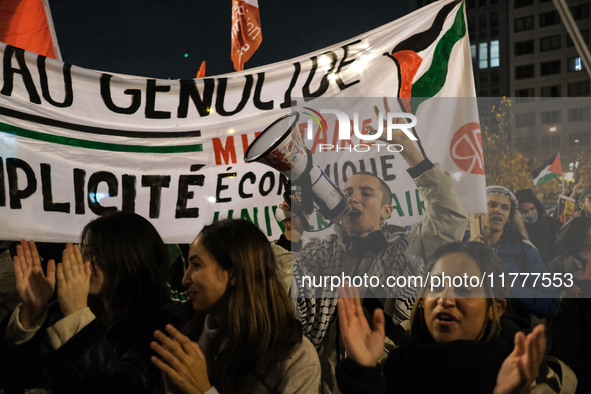 Demonstrators take part in a pro-Palestinian rally on the Place Du Front Populaire in Paris, France, on November 14, 2024, right before the...