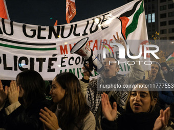 Demonstrators take part in a pro-Palestinian rally on the Place Du Front Populaire in Paris, France, on November 14, 2024, right before the...