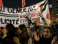 Demonstrators take part in a pro-Palestinian rally on the Place Du Front Populaire in Paris, France, on November 14, 2024, right before the...