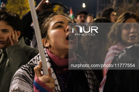 Demonstrators take part in a pro-Palestinian rally on the Place Du Front Populaire in Paris, France, on November 14, 2024, right before the...