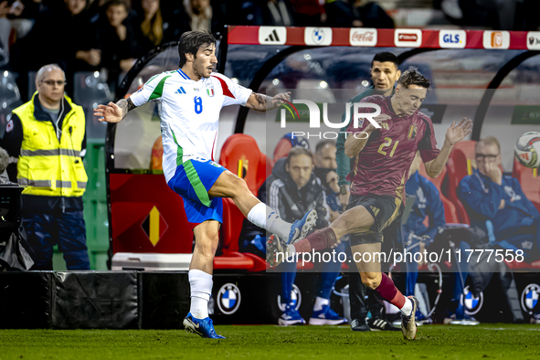 Italy midfielder Sandro Tonali and Belgium defender Timothy Castagne play during the match between Belgium and Italy at the King Baudouin St...