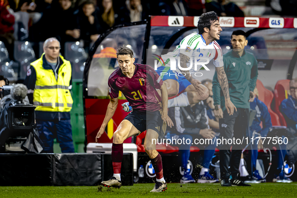 Italy midfielder Sandro Tonali and Belgium defender Timothy Castagne play during the match between Belgium and Italy at the King Baudouin St...