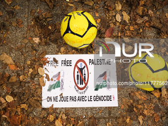 Demonstrators take part in a pro-Palestinian rally on the Place Du Front Populaire in Paris, France, on November 14, 2024, right before the...