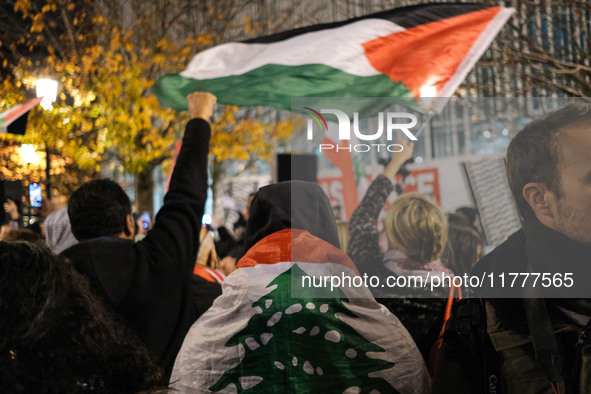 Demonstrators take part in a pro-Palestinian rally on the Place Du Front Populaire in Paris, France, on November 14, 2024, right before the...