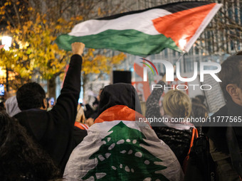 Demonstrators take part in a pro-Palestinian rally on the Place Du Front Populaire in Paris, France, on November 14, 2024, right before the...