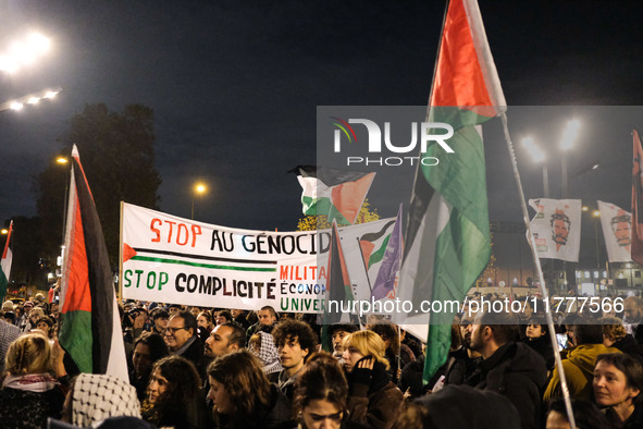 Demonstrators take part in a pro-Palestinian rally on the Place Du Front Populaire in Paris, France, on November 14, 2024, right before the...