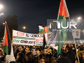 Demonstrators take part in a pro-Palestinian rally on the Place Du Front Populaire in Paris, France, on November 14, 2024, right before the...