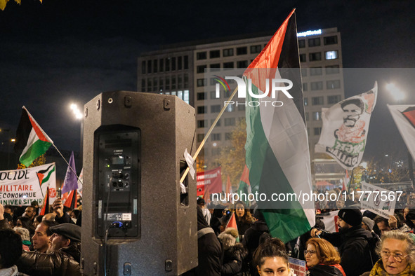 Demonstrators take part in a pro-Palestinian rally on the Place Du Front Populaire in Paris, France, on November 14, 2024, right before the...