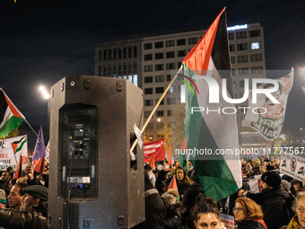 Demonstrators take part in a pro-Palestinian rally on the Place Du Front Populaire in Paris, France, on November 14, 2024, right before the...