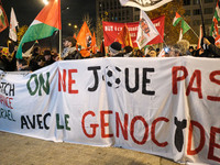 Demonstrators take part in a pro-Palestinian rally on the Place Du Front Populaire in Paris, France, on November 14, 2024, right before the...