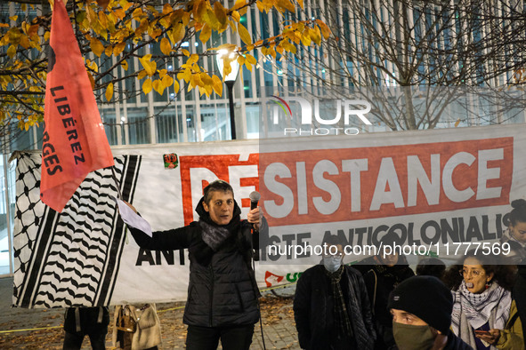 Demonstrators take part in a pro-Palestinian rally on the Place Du Front Populaire in Paris, France, on November 14, 2024, right before the...