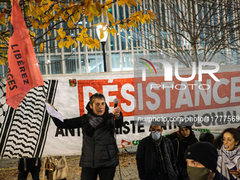 Demonstrators take part in a pro-Palestinian rally on the Place Du Front Populaire in Paris, France, on November 14, 2024, right before the...