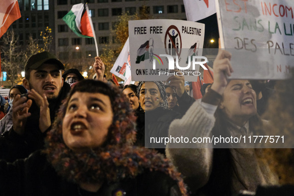 Demonstrators take part in a pro-Palestinian rally on the Place Du Front Populaire in Paris, France, on November 14, 2024, right before the...