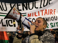 Demonstrators take part in a pro-Palestinian rally on the Place Du Front Populaire in Paris, France, on November 14, 2024, right before the...