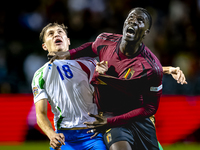 Italy midfielder Nicolo Barella and Belgium midfielder Amadou Onana play during the match between Belgium and Italy at the King Baudouin Sta...