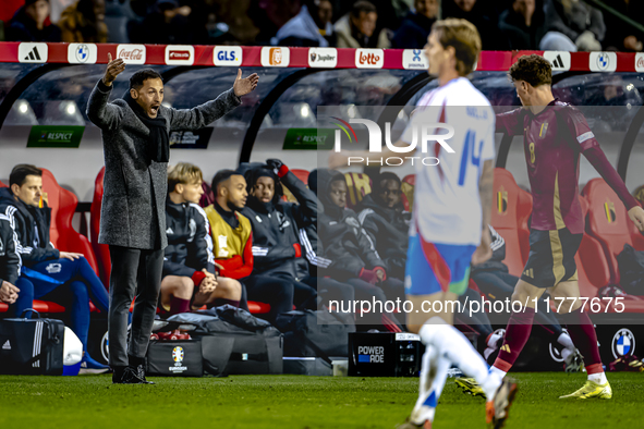 Belgium trainer Domenico Tedesco is present during the match between Belgium and Italy at the King Baudouin Stadium for the UEFA Nations Lea...