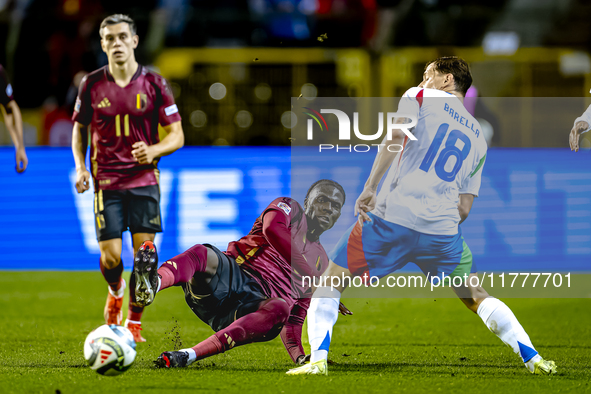 Belgium midfielder Amadou Onana and Italy midfielder Nicolo Barella play during the match between Belgium and Italy at the King Baudouin Sta...